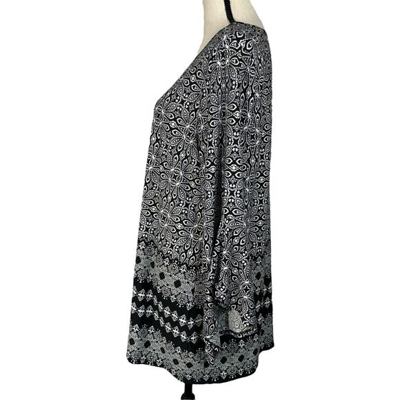 Christopher & Banks X-Large Tunic Top Geometric Long Bell Sleeves Stretch Black - Picture 6 of 9